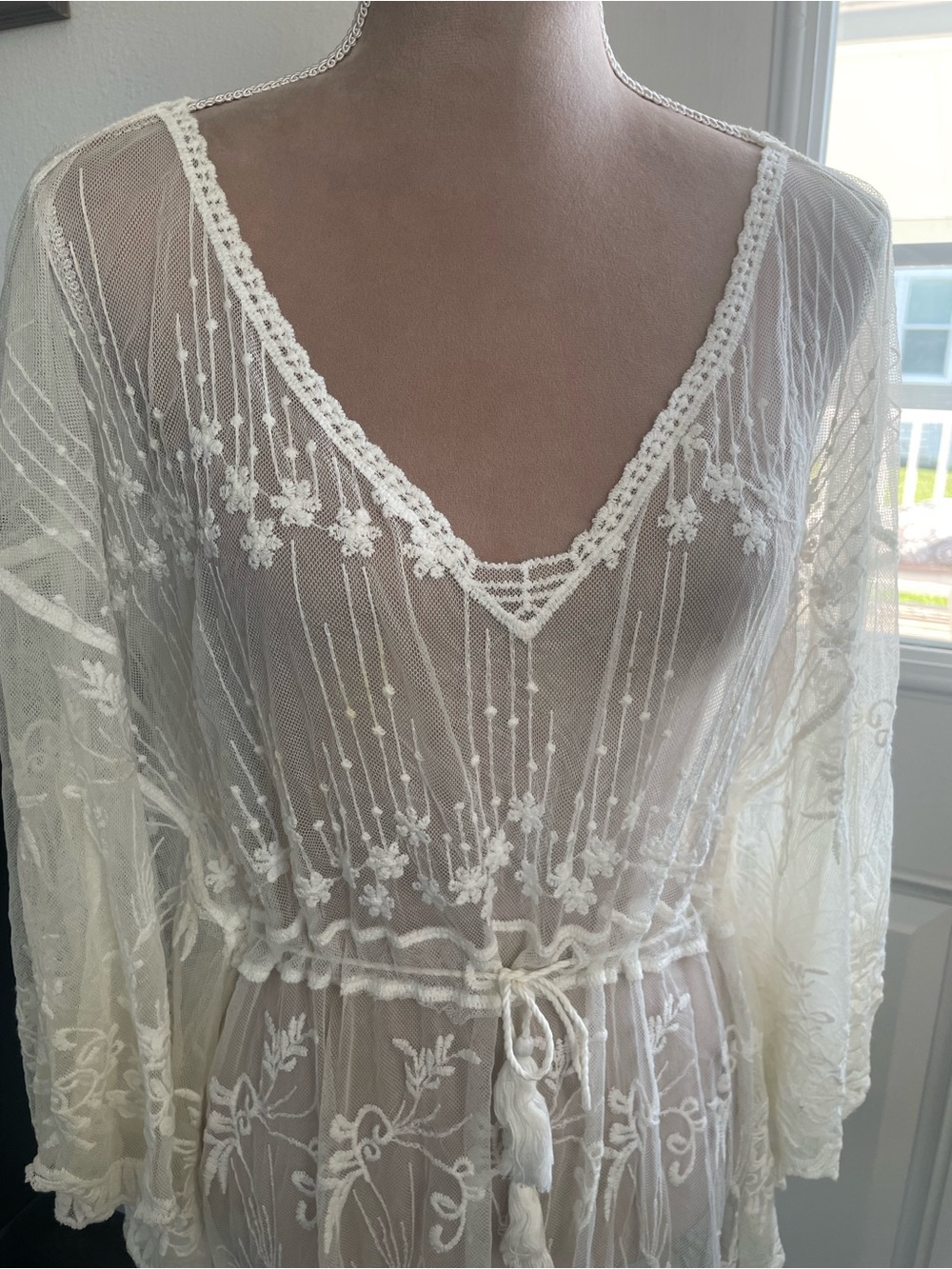 Sheer Embroidered V-Neck Swim Cover-Up in Ivory